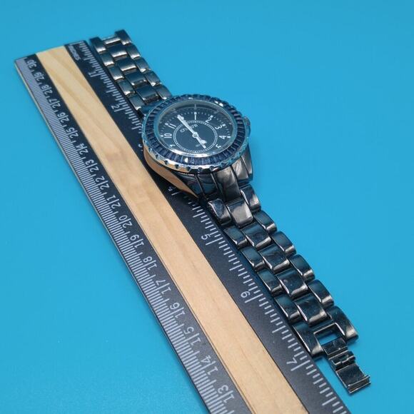 Chico’s Gunmetal Blue Rhinestone Boyfriend Watch Black Face 7 Inch Quartz - Picture 5 of 5